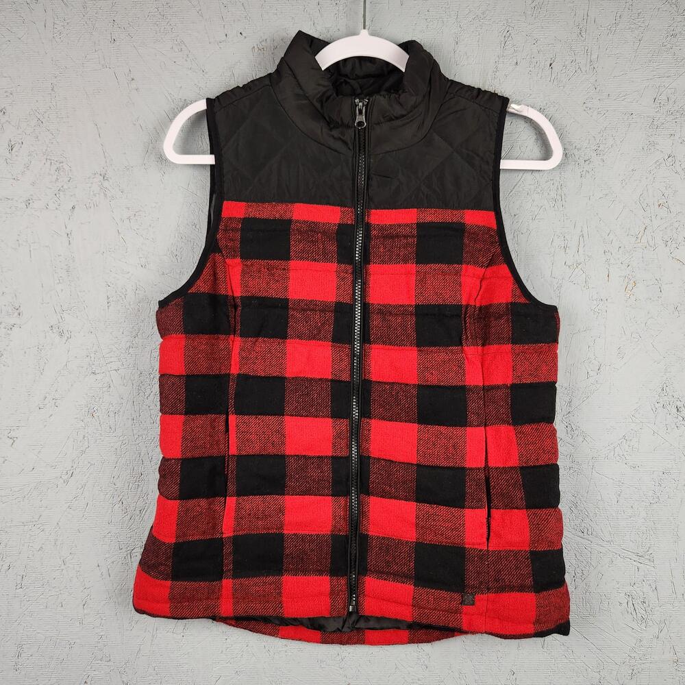 Ruff Hewn Vest Womens Small Red Black Buffalo Plaid Quilted Sleeveless Outdoor